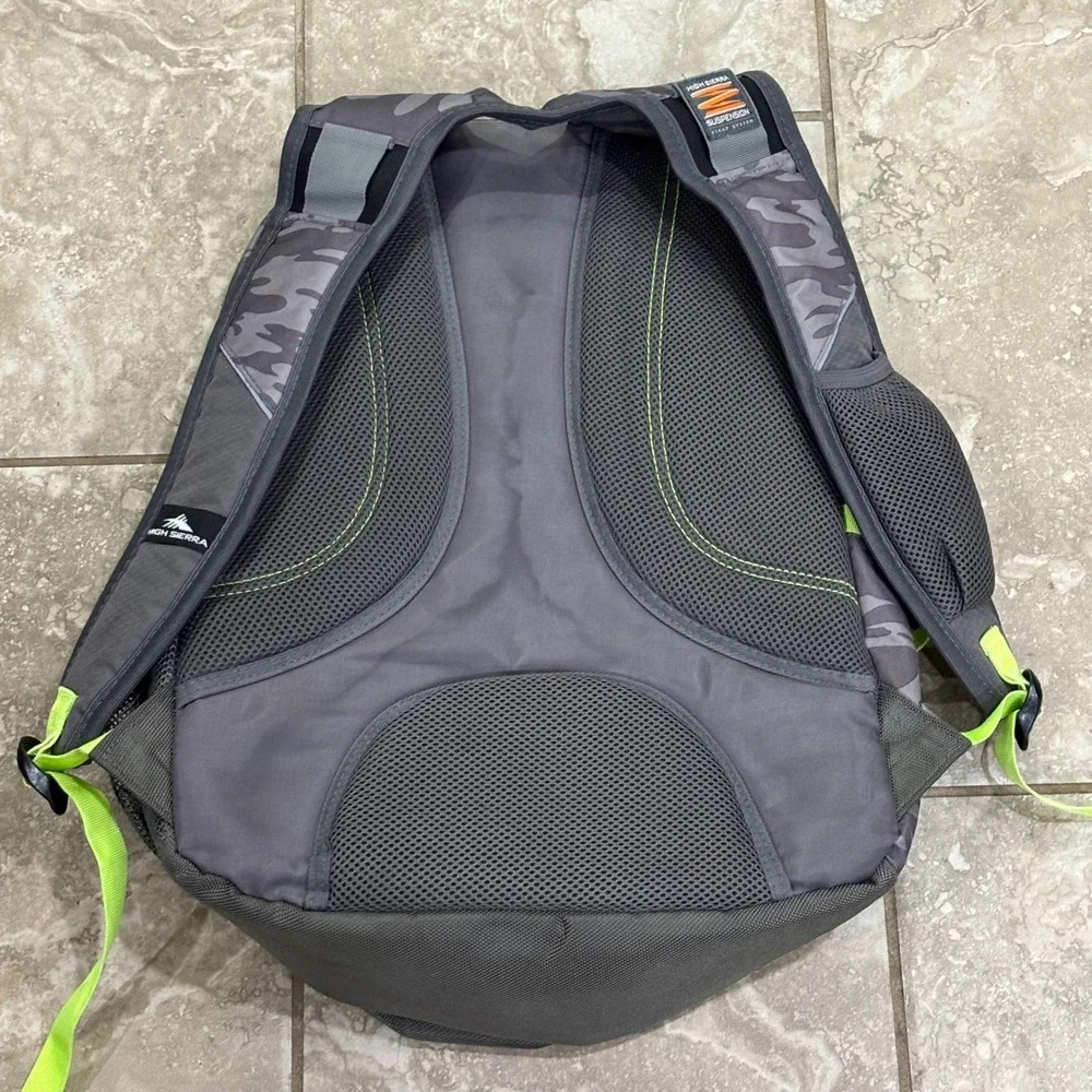 High Sierra Grey Camo Backpack Lime Green Suspension Strap School Hiking Bag
